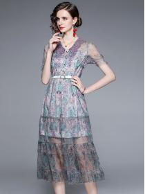 New style temperament high waist slimming V-neck embroidery mesh dress