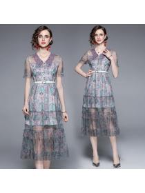 New style temperament high waist slimming V-neck embroidery mesh dress