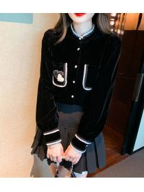 Thickened autumn and winter pocket velvet puff sleeve top
