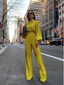 Sexy wide leg pants solid color high collar long sleeve casual one-piece pants for women