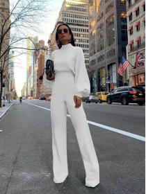 Sexy wide leg pants solid color high collar long sleeve casual one-piece pants for women