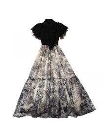 New style lace stitching ink painting print slim dress