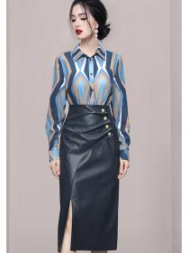 On Sale Doll Collars Printing Top+PU  Open Fork Skirt 