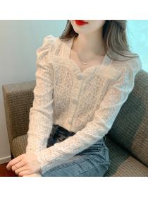 Korean style square neck long sleeve lace shirt