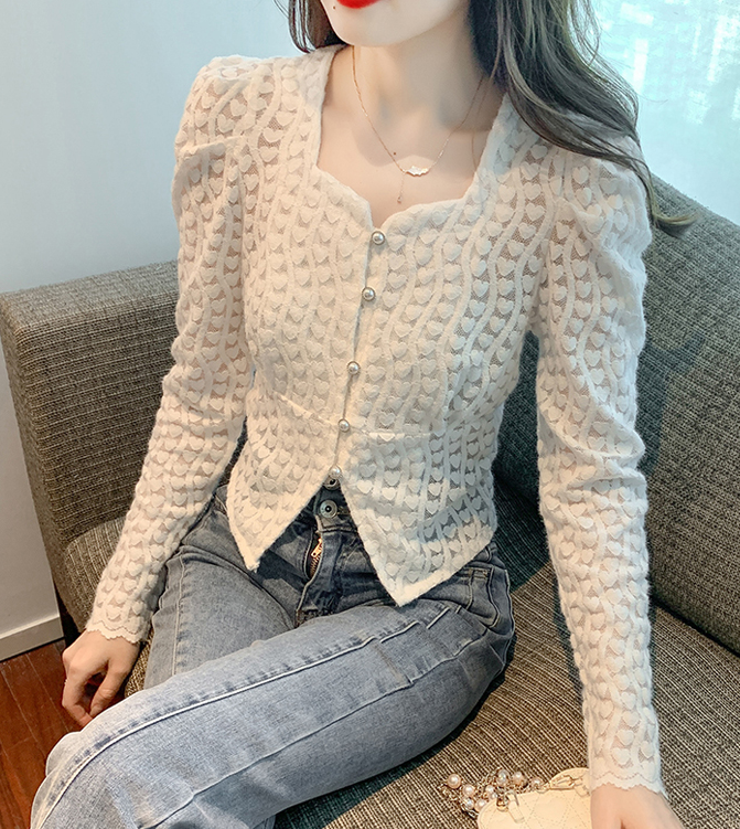 Korean style long sleeve square neck lace shirt