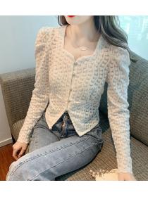 Korean style long sleeve square neck lace shirt