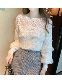 Korean style round neck long sleeve lace blouse for women