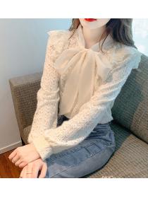 Korean style Matching bow tie long sleeve Top