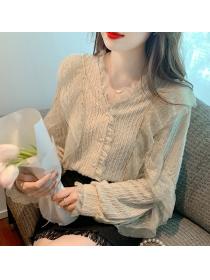 Korean version of the patchwork long sleeve lace shirt V neck top