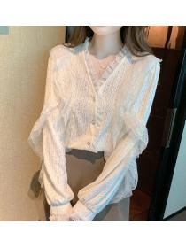 Korean version of the patchwork long sleeve lace shirt V neck top