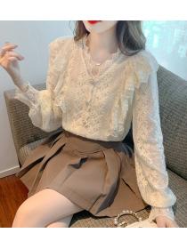 Korean style velvet thickened V-neck long sleeve lace shirt