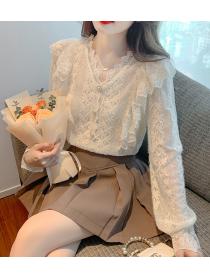 Korean style velvet thickened V-neck long sleeve lace shirt