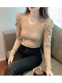 Korean style matching V-neck long sleeve lace blouse for women