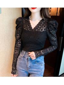 Korean style matching V-neck long sleeve lace blouse for women