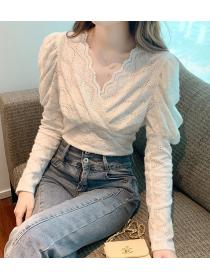Korean style V-neck long sleeve lace shirt