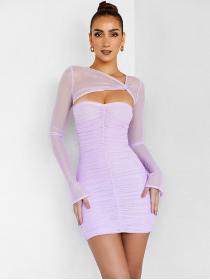 Outlet hot style Sexy gauze long sleeve temperament Pleated bodycon dress