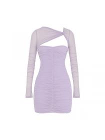 Outlet hot style Sexy gauze long sleeve temperament Pleated bodycon dress