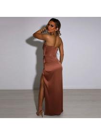 Outlet hot style fishbone long temperament open fork Solid color dress