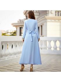 Light blue long sleeve fake two dresses spring travel elegant fashion dress