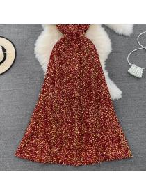 Temperament party long dress sequined square collar Slim A-line dress