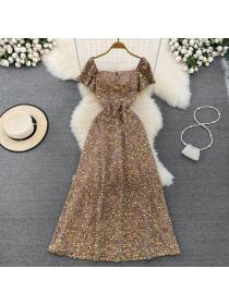 Temperament party long dress sequined square collar Slim A-line dress