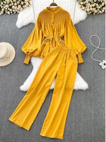 Fashion Round neck Loose Blouse+Casual High waist Wide leg Pants