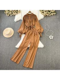Fashion Round neck Loose Blouse+Casual High waist Wide leg Pants 