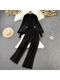 Fashion Round neck Loose Blouse+Casual High waist Wide leg Pants 
