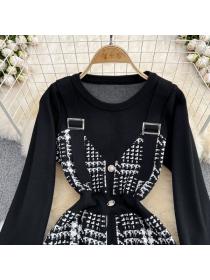 Korean style temperament fake two pcs round neck Slim plaid knit dress