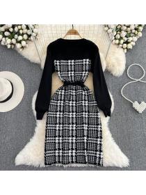 Korean style temperament fake two pcs round neck Slim plaid knit dress