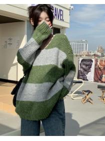 Korean Style Stripe Loose V   Collars Knitting Top 