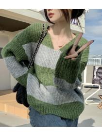 Korean Style Stripe Loose V   Collars Knitting Top 