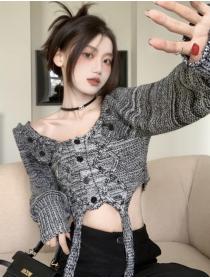 On Sale Pure Color Lace Up Knitting Fashion Top 