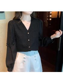 On Sale V  Collars Solid Color Sweet Blouse 