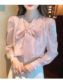 Embroidered bow collar puffed sleeves Blouse 