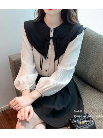 Floral Embroidered bow collar puffed sleeves  Blouse 