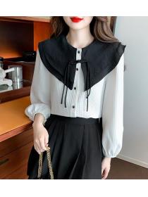 Floral Embroidered bow collar puffed sleeves  Blouse 