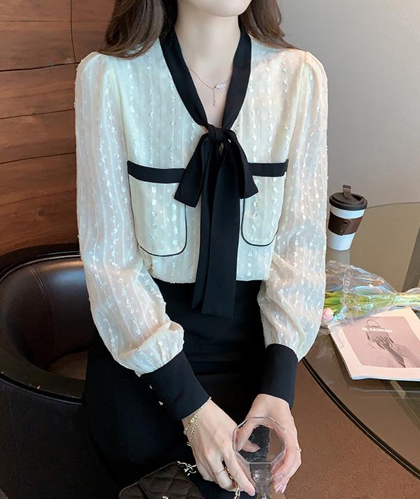On Sale Bowknot Matching Lace Hollow Out Blouse