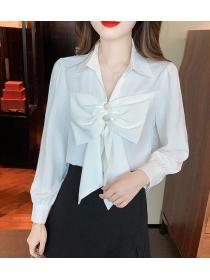 On Sale Bowknot Matching Lace Hollow Out Blouse 