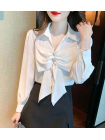 On Sale Bowknot Matching Lace Hollow Out Blouse 
