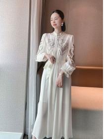 Fashion High-end embroidered silk dress stand-up collar lantern sleeves dress