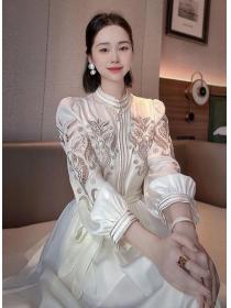 Fashion High-end embroidered silk dress stand-up collar lantern sleeves dress
