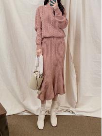 Solid color sweater knitted fishtail skirt two-piece dress