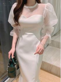 Fashion style Puff sleeve White Fishtail dress