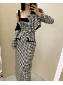 Korean style Chic Plaid jacket+Slim tweed suspenders dress