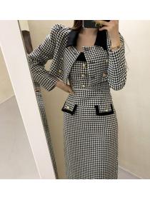 Korean style Chic Plaid jacket+Slim tweed suspenders dress