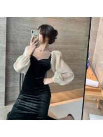 Korean style Temperament slim long sleeve velvet dress