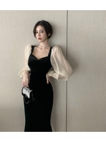 Korean style Temperament slim long sleeve velvet dress