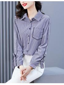 Outlet Stripe Horn Sleeve Simple Blouse 