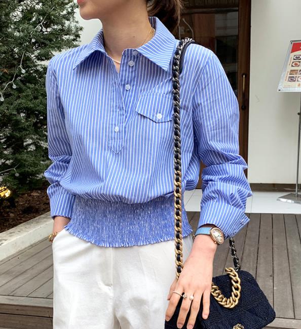 Outlet Stripe Horn Sleeve Simple Blouse